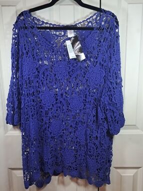 NWT  Jennie & Marlis Crochet Floral Openwork Top - Royal Blue